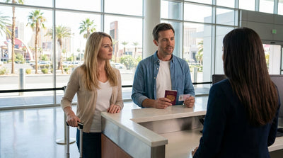 A driver's view from a car rental on the Las Vegas Strip, with neon casino signs glowing at dusk