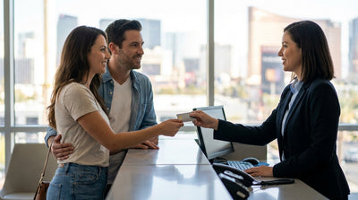 A modern car hire driving down the famous Las Vegas Strip with casinos lit up at night
