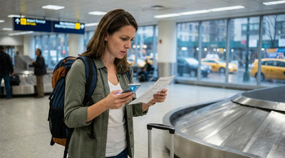 A traveler with luggage uses their phone to arrange a car rental outside a busy New York airport terminal