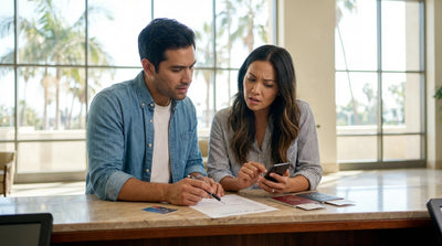 A white car rental sedan parked under tall palm trees on a bright, sunny day in Los Angeles