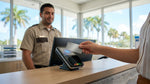 A person's hand holding a credit card over a payment terminal at a car hire desk in Florida