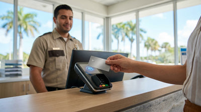 A person's hand holding a credit card over a payment terminal at a car hire desk in Florida