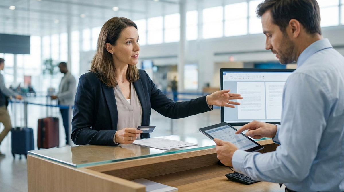 A person at a California car rental desk, smiling while an employee explains the rental agreement