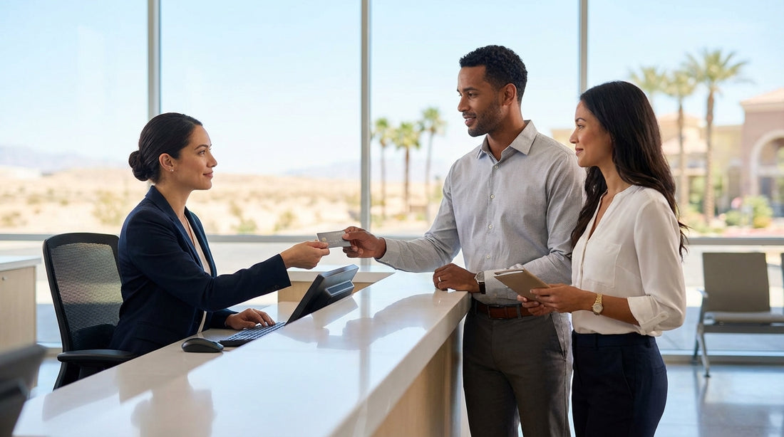 A customer at a car rental counter in Las Vegas handing their credit card to an agent