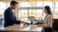 Customer handing a credit card to an agent at a Las Vegas car hire counter