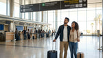 Travelers with luggage waiting in a car hire queue at shared counters inside Las Vegas airport