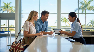 A red convertible car hire driving on a sunny coastal road in Florida with palm trees and blue ocean
