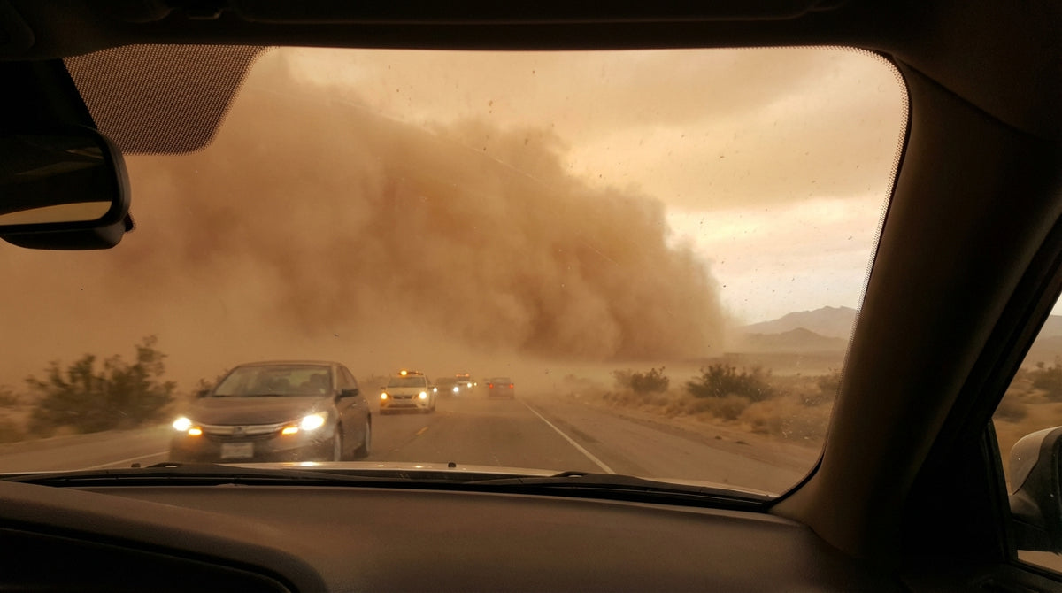 A car hire drives on a desert highway near Las Vegas towards a massive, looming haboob dust storm