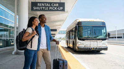 A car rental shuttle bus transports travelers at DFW Airport in Texas to the main rental facility