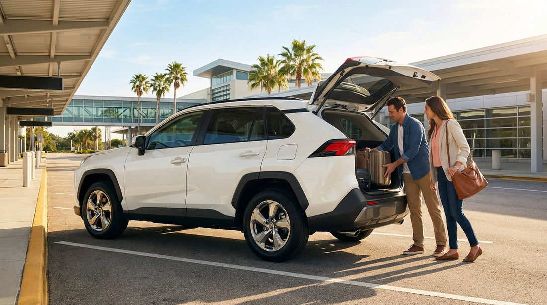 A white SUV driving on a sunny road lined with palm trees, a typical Orlando car hire experience