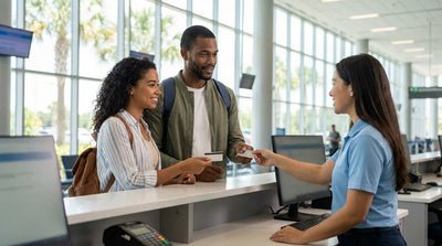 A customer discusses their car hire paperwork with an agent at a busy counter in the Orlando airport terminal