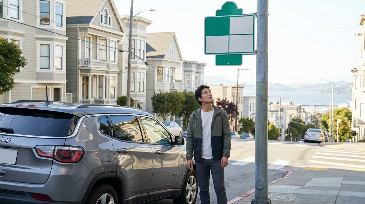 A car rental is parked on a steep San Francisco street by a complex residential permit parking sign