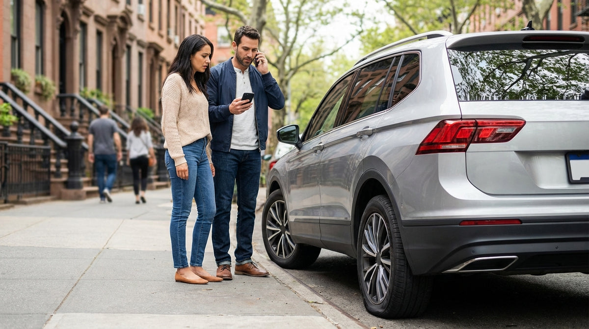 A car rental with a flat tire pulled over on a busy street in New York as traffic passes by