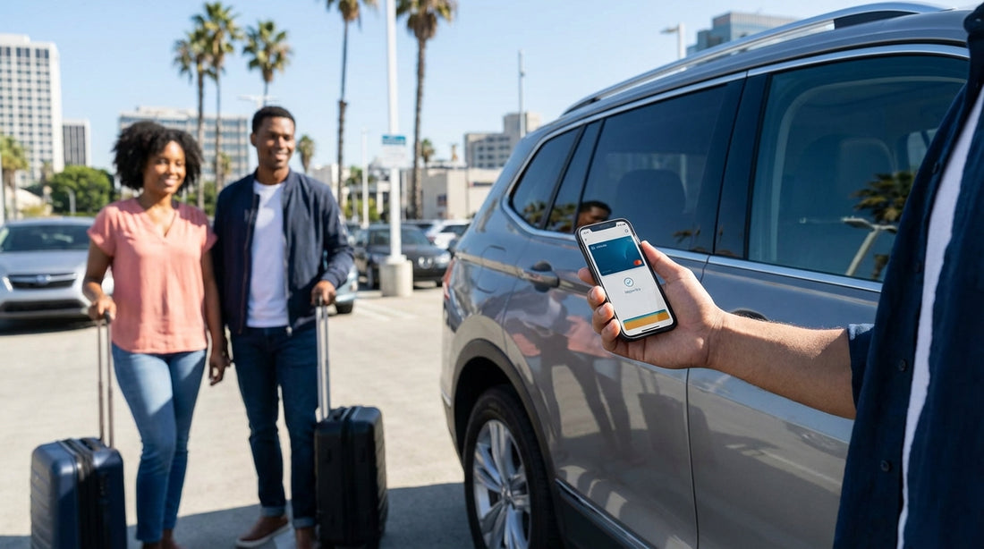 A person unlocks their modern car hire with a smartphone on a street lined with palm trees in Los Angeles