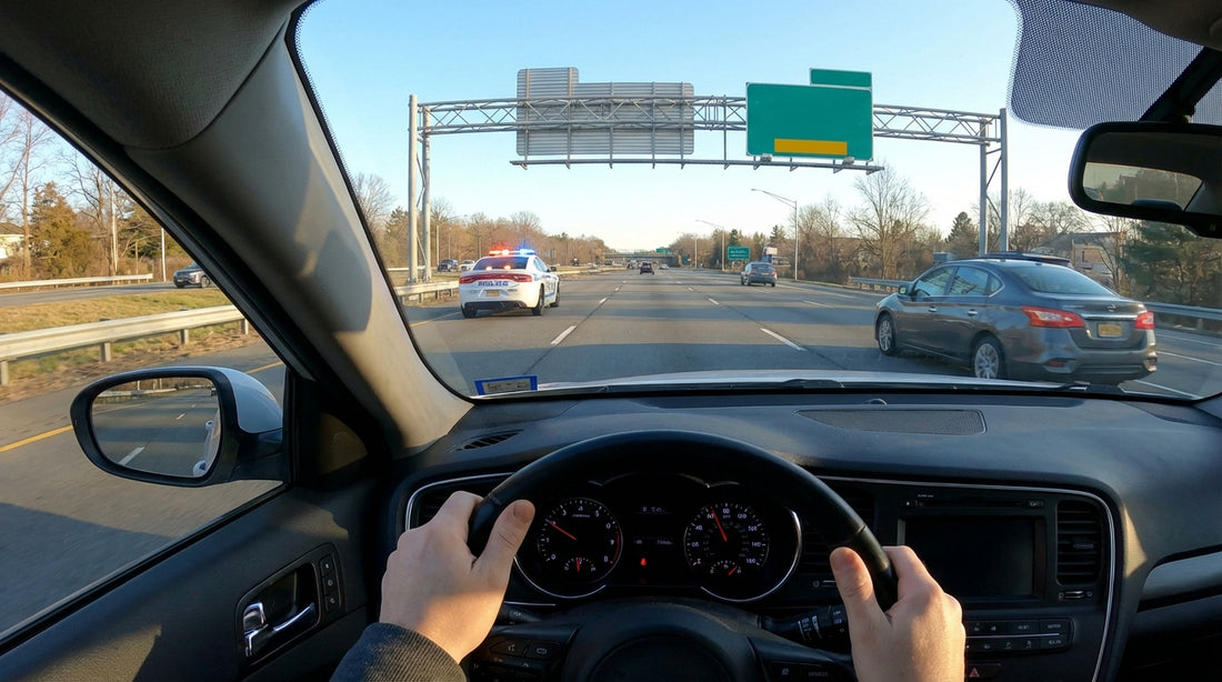 A car hire vehicle driving on a multi-lane New York highway past a police car with its lights on