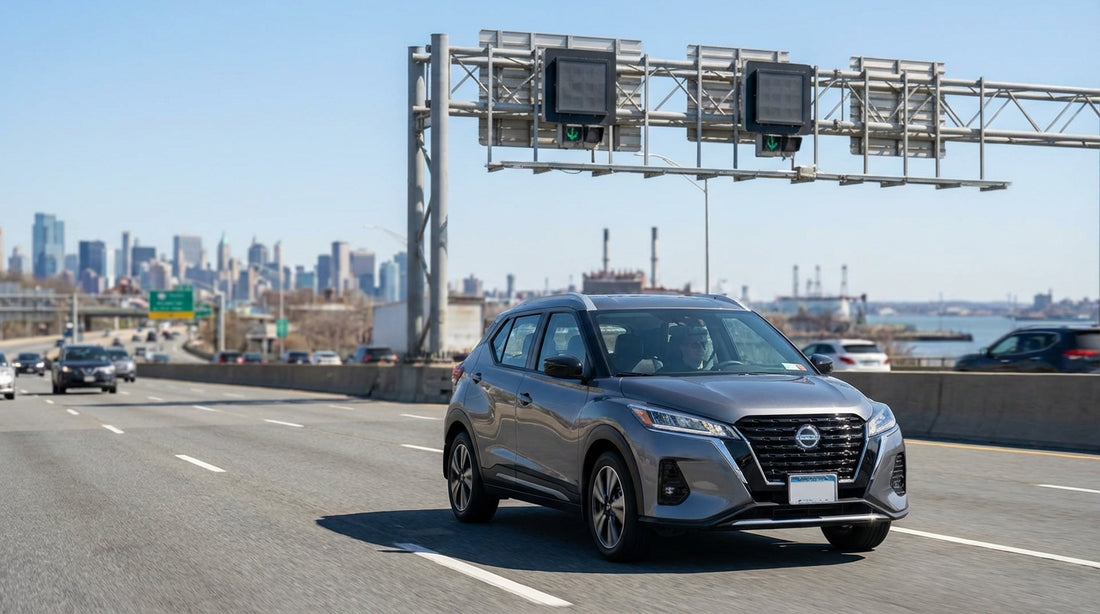A car hire drives across the Verrazzano-Narrows Bridge on a sunny day in New York City