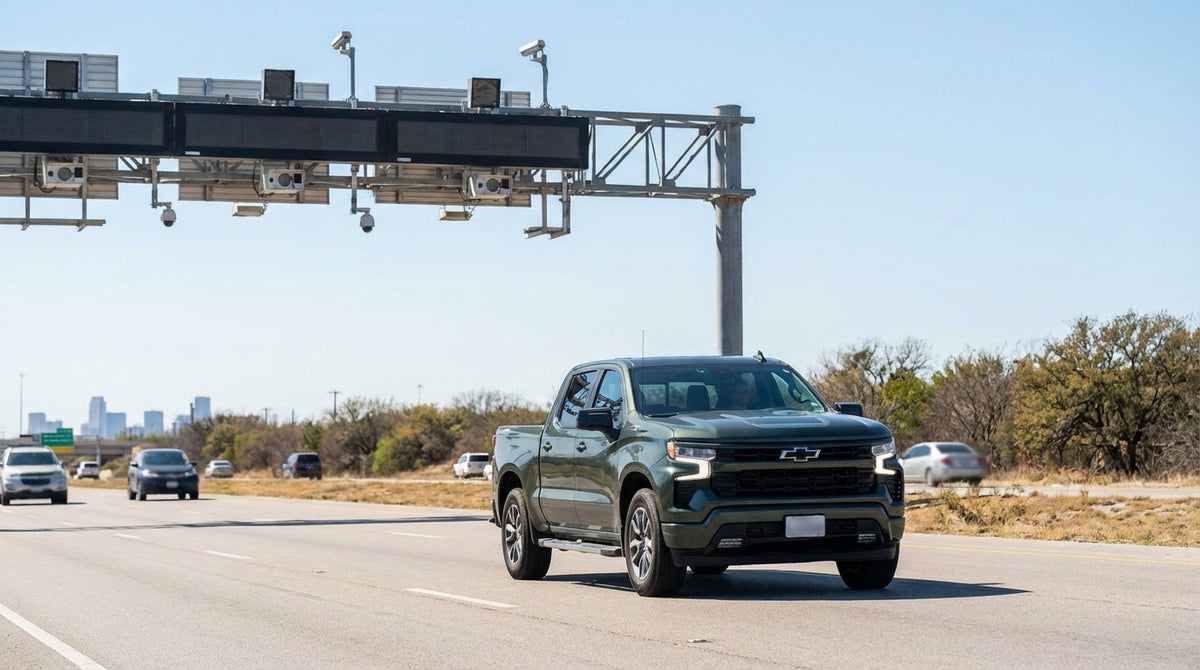A modern car hire driving on a sunny multi-lane toll road in Texas with a toll gantry overhead
