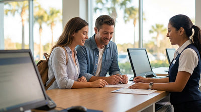 A woman at a car hire counter at the Orlando airport discussing her booking with an agent