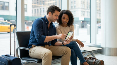 A person sits in their car rental in New York, holding a phone with a map for directions