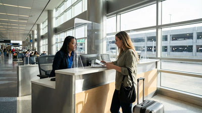A customer reviews a car hire agreement with an agent at an airport rental desk in the United States
