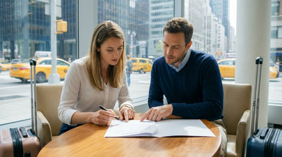 A person carefully reviewing their car hire contract at a desk in New York