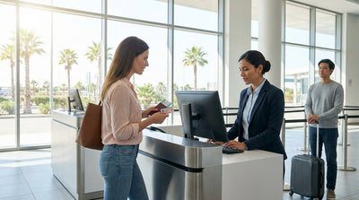A person holding a passport and driving license at a car hire counter in a sunny Florida airport