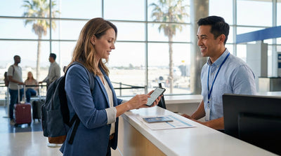 A traveler at a brightly lit car rental counter inside the Los Angeles airport terminal