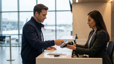 A customer at a car hire counter in New York's JFK airport handing their credit card to an agent
