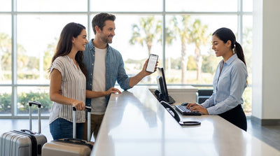 A traveler shows a smartphone to an agent at a car rental counter in the Orlando airport