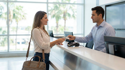 A modern white SUV for car hire parked under palm trees at the sunny Orlando airport
