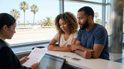 Customer handing an ID card to an agent at a car rental desk in Los Angeles