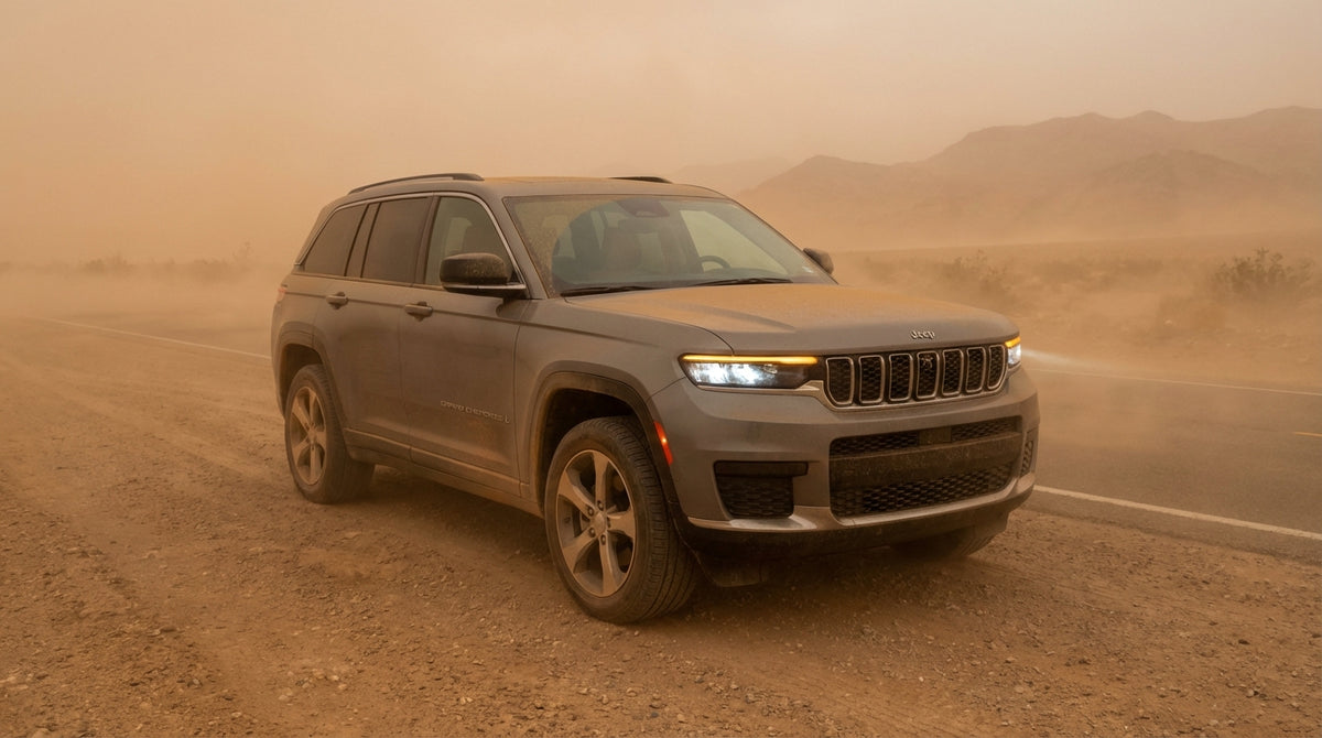 A car hire vehicle on a desert highway near Las Vegas driving towards a massive orange dust storm