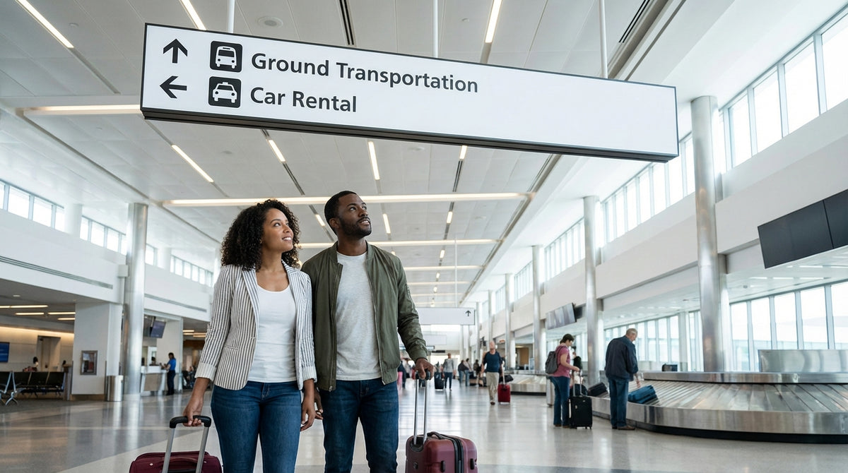 Travelers waiting at the car hire counters inside the arrivals hall of Pittsburgh International Airport, Pennsylvania