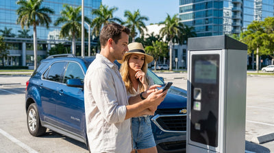 A red convertible car rental driving down Ocean Drive in Miami past Art Deco hotels and palm trees