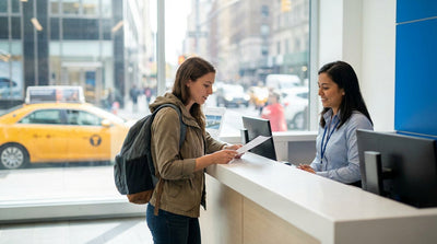 Young driver behind the wheel of a car rental navigating a busy New York City street