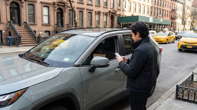A car hire crossing the Brooklyn Bridge with the lower Manhattan, New York skyline in the background