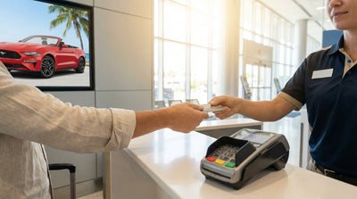 A person paying for their car hire with a credit card at a rental counter in a Florida airport