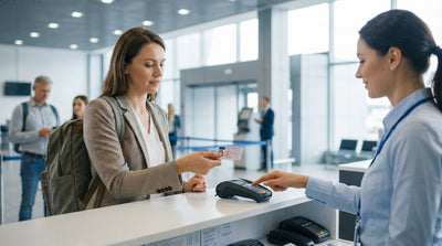 A traveler at a car hire counter in New York's JFK airport holding a credit card