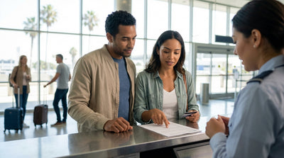 A convertible car hire drives down a palm-lined freeway toward the sunny downtown Los Angeles skyline