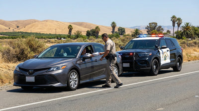 A California Highway Patrol car with flashing lights pulls over a car rental on a sunny freeway
