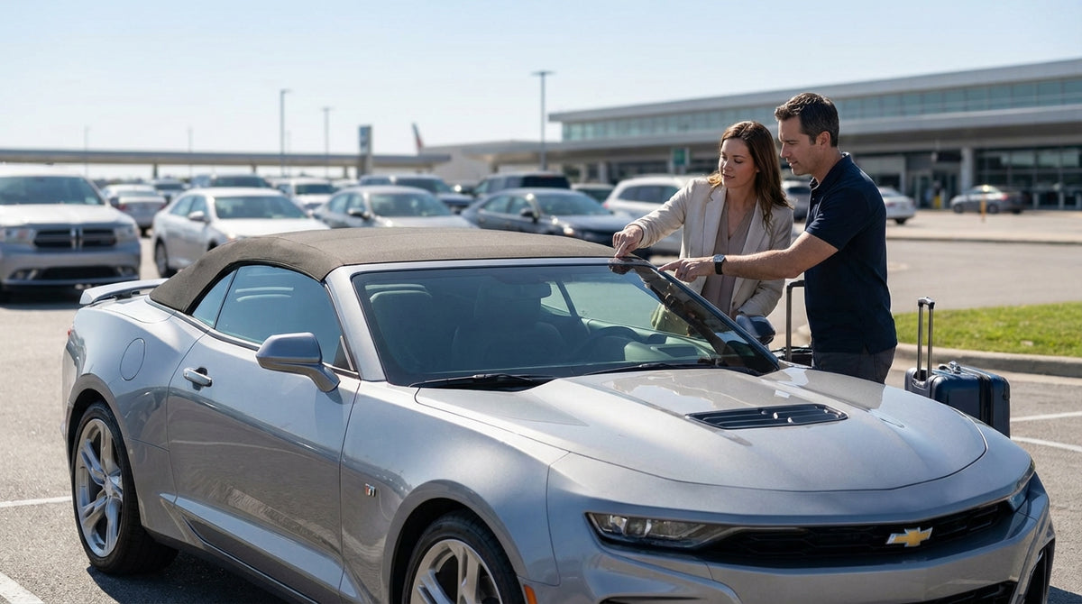 A red convertible car rental with the top down parked on a scenic coastal highway in the United States