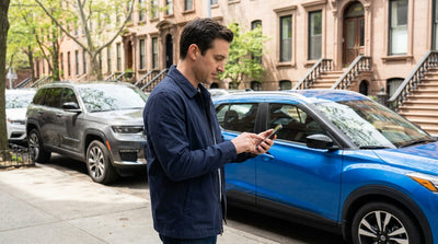 A person looking at their phone next to their car hire vehicle parked on a busy street in New York