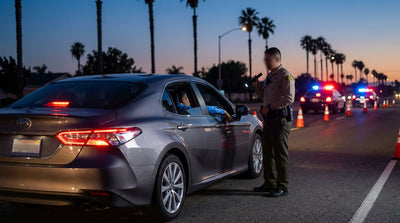 A police officer looks into the window of a car hire during a nighttime traffic stop in California
