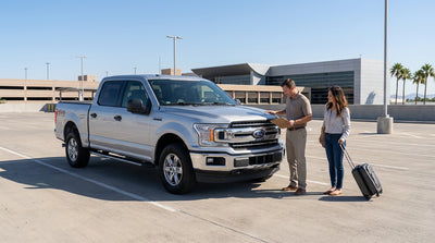 A modern sedan car rental driving down a scenic highway in the Texas Hill Country