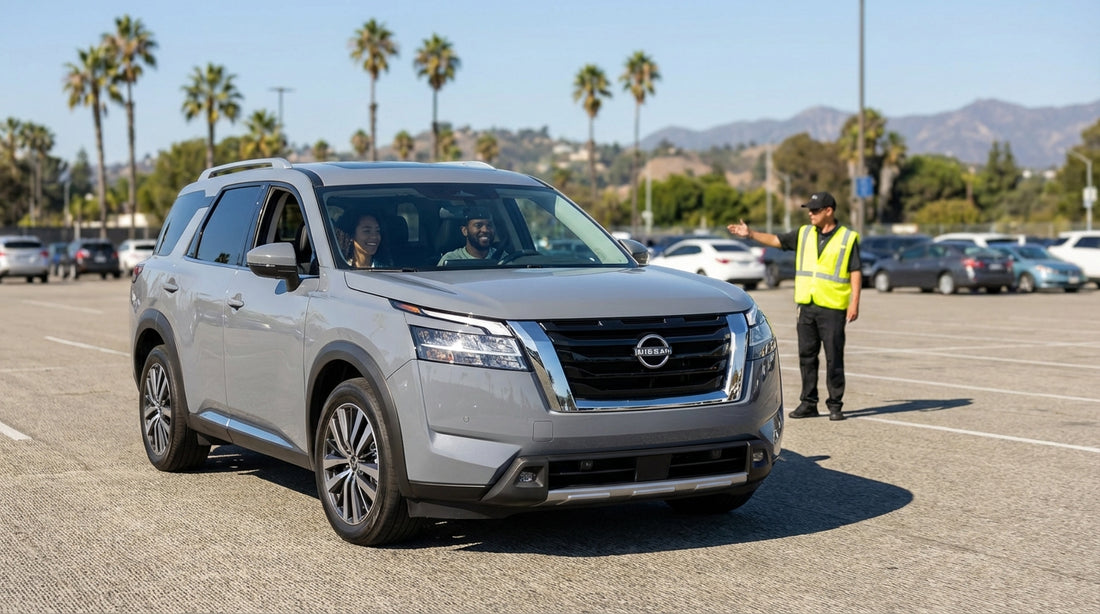 A wide evening view of Dodger Stadium's full parking lots with the downtown Los Angeles skyline, a top spot for car hire users