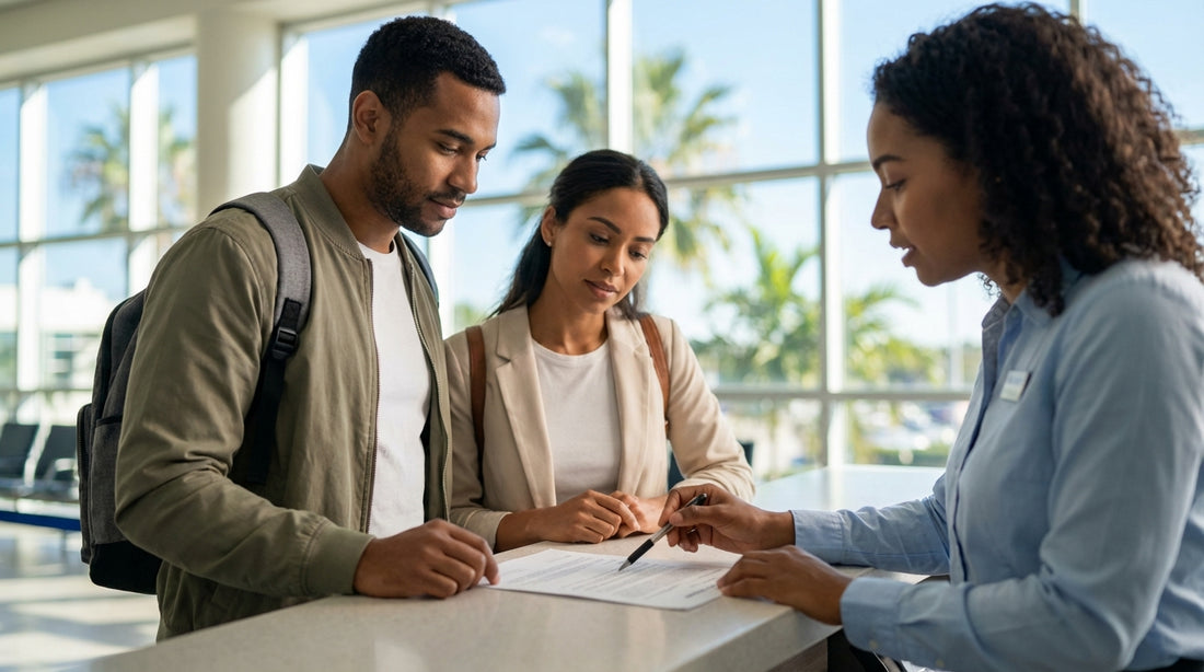 A red convertible car hire driving on a sunny, palm-lined coastal highway in Florida