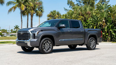 A large pickup truck car hire driving down a scenic, palm-lined road on a sunny day in Florida