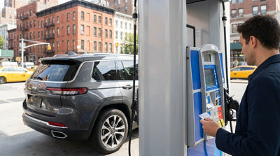 A white car hire saloon parked at a gas pump on a sunny street in New York City