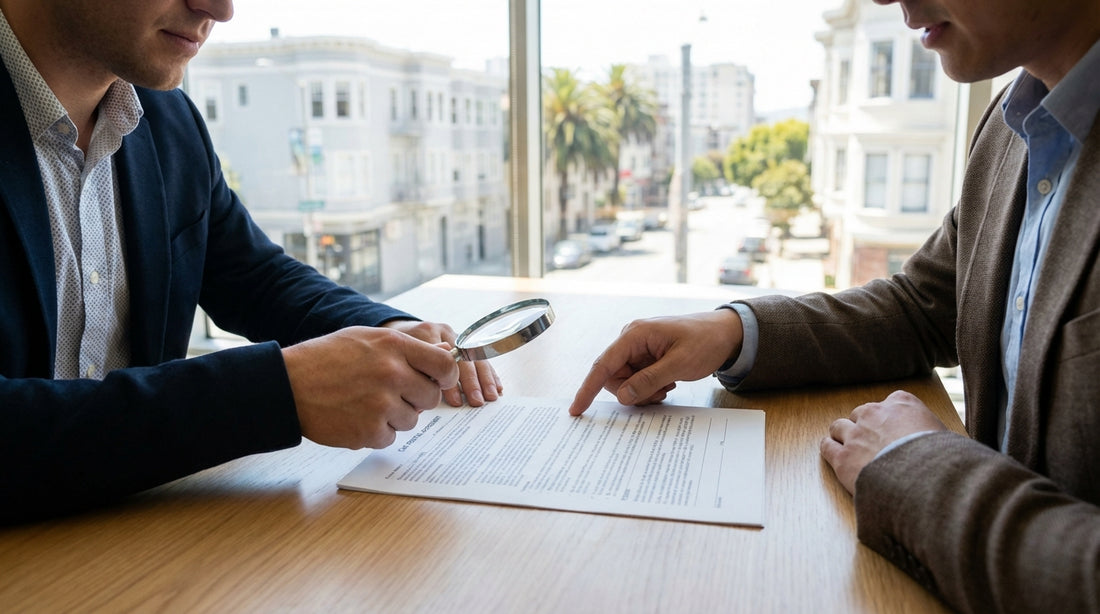 A person's hands holding a car rental contract in a car with a sunny San Francisco street visible through the windshield