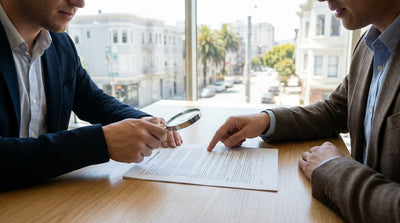 A person's hands holding a car rental contract in a car with a sunny San Francisco street visible through the windshield